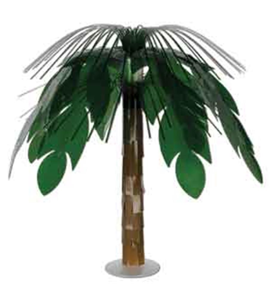 Green plastic palm tree centerpiece with long, curved leaves and a brown segmented trunk on a round white base.