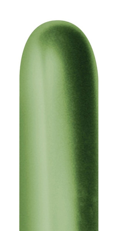 Glossy key lime green elongated latex balloon with rounded bottom and narrow top tip.