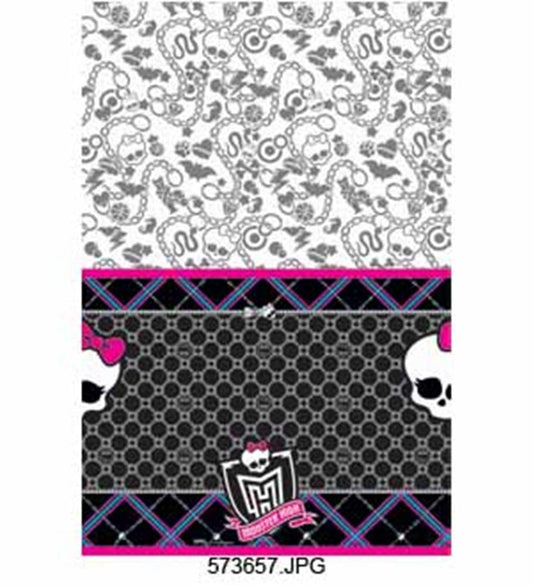 Rectangular Monster High tablecover with black honeycomb pattern and pink, purple plaid borders featuring white skulls with.