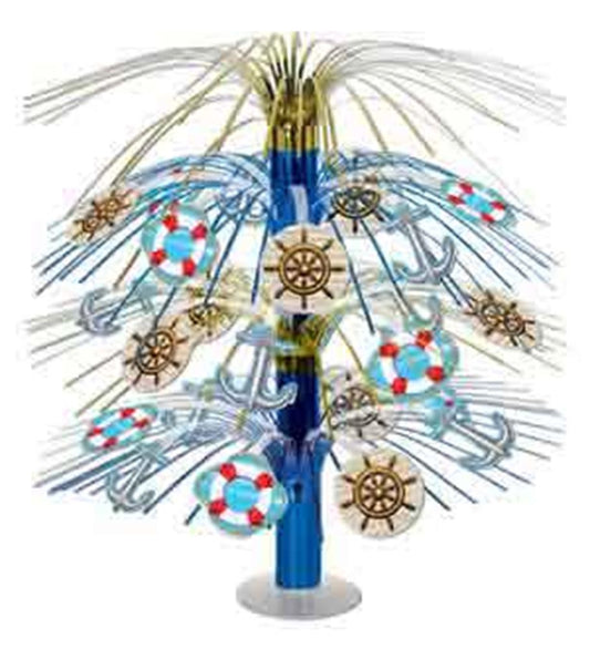 Blue metallic cascade centerpiece with nautical-themed cutouts including life buoys, ship wheels, anchors, and silver and.