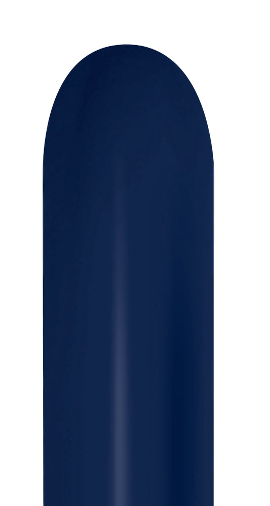 Navy blue elongated latex balloon with smooth texture and rounded end.