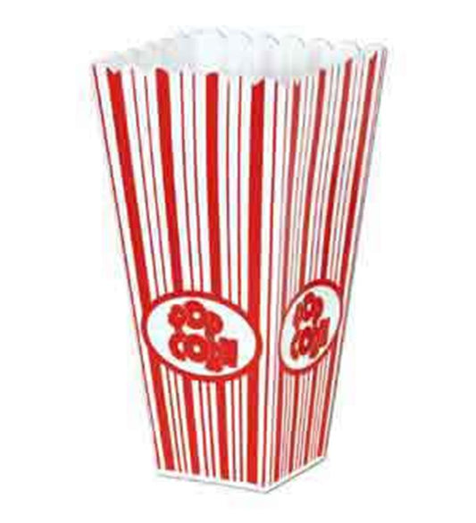 Red and white striped plastic popcorn box with classic scalloped top and popcorn graphic on sides.