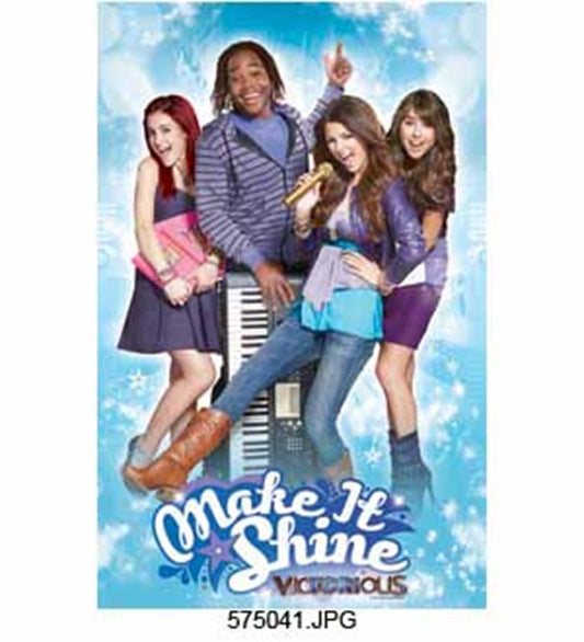 Blue tablecover featuring the main cast of Victorious with the text "Make It Shine" in white and "Victorious" in black.