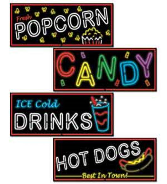 Neon-style food sign cutouts with "POPcorn" in white and yellow, "CANDY" in colorful letters, "ICE Cold DRINKS" with a blue.