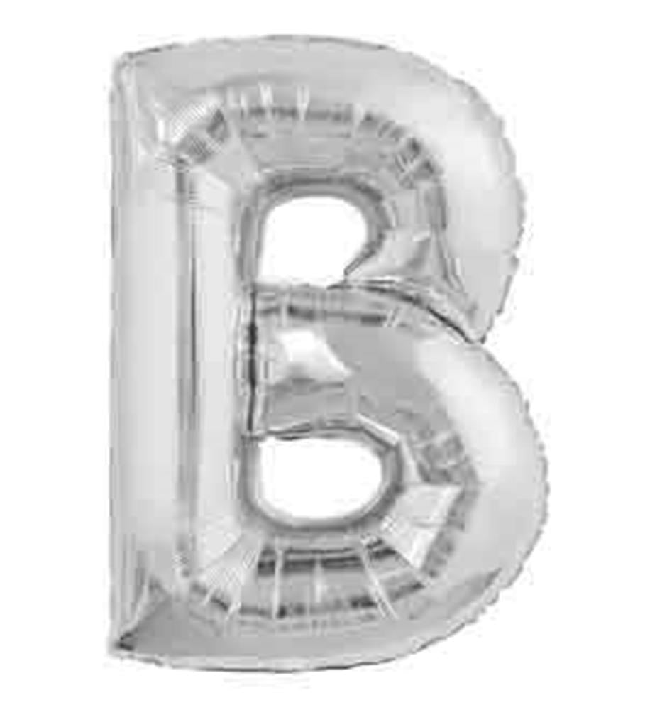 34-inch silver foil balloon shaped like the letter B with a shiny metallic finish.