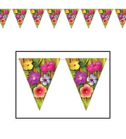 Triangular pennant banner with colorful tropical flowers and green leaves on a dark background.