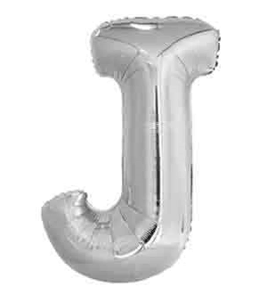 34-inch silver foil balloon shaped like the letter J with a shiny metallic finish.