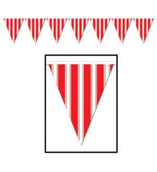 Red and white vertical striped triangular pennant banner with string for hanging.