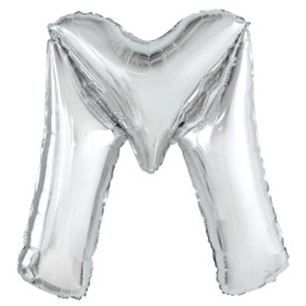 34-inch silver foil balloon shaped like the letter M with a shiny metallic finish.