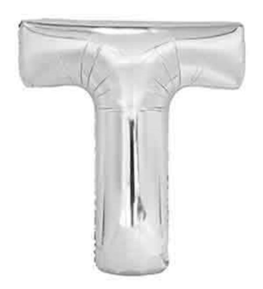 34-inch silver foil balloon shaped as the letter T with a shiny metallic finish.