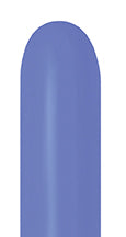 Single elongated periwinkle blue latex balloon with smooth surface and rounded tip.