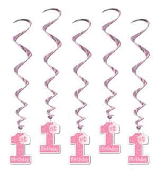 Five pink spiral hanging decorations with glittery "1st birthday" cutouts at the bottom.