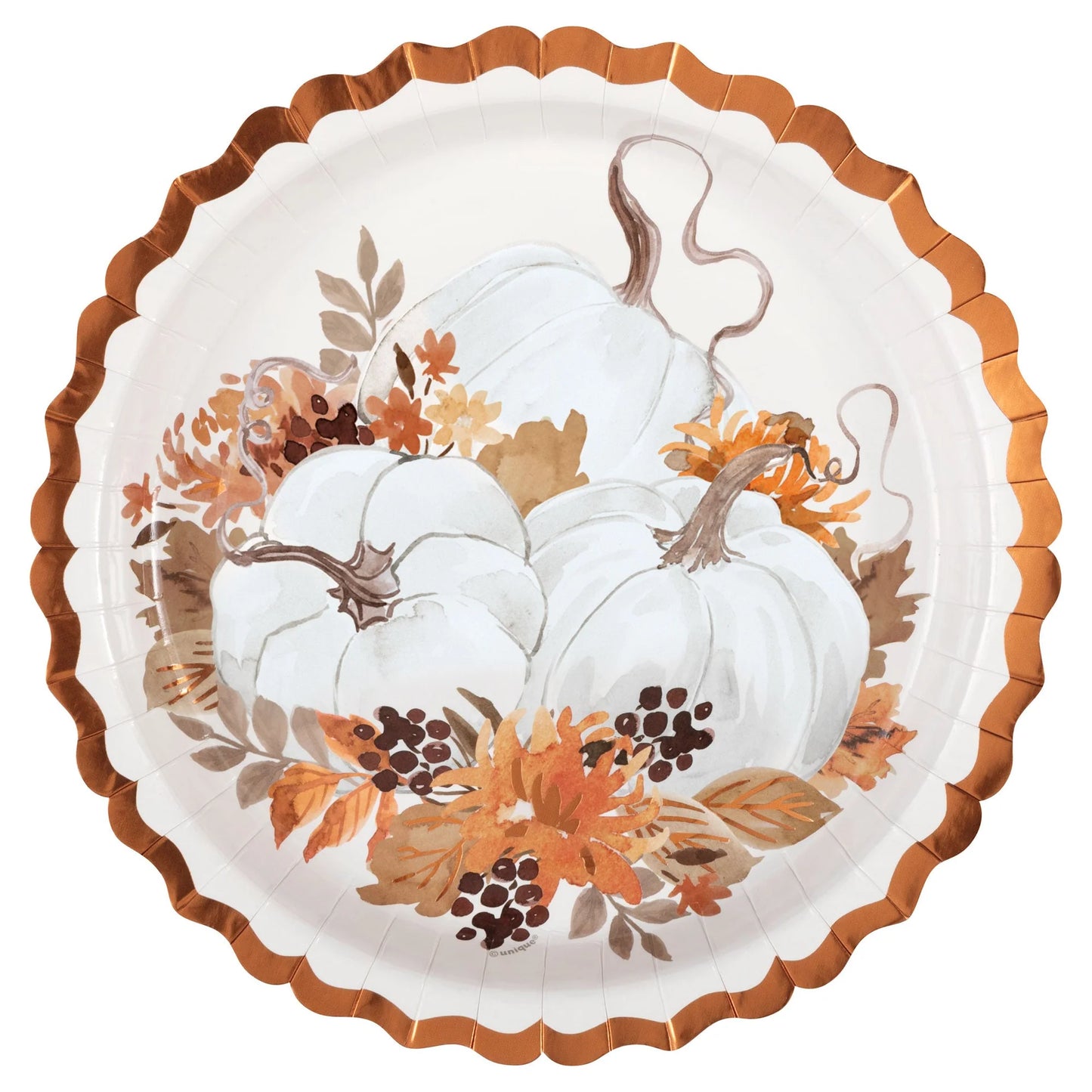 Round paper plate with scalloped edges in metallic copper, featuring three white pumpkins surrounded by autumn leaves and.