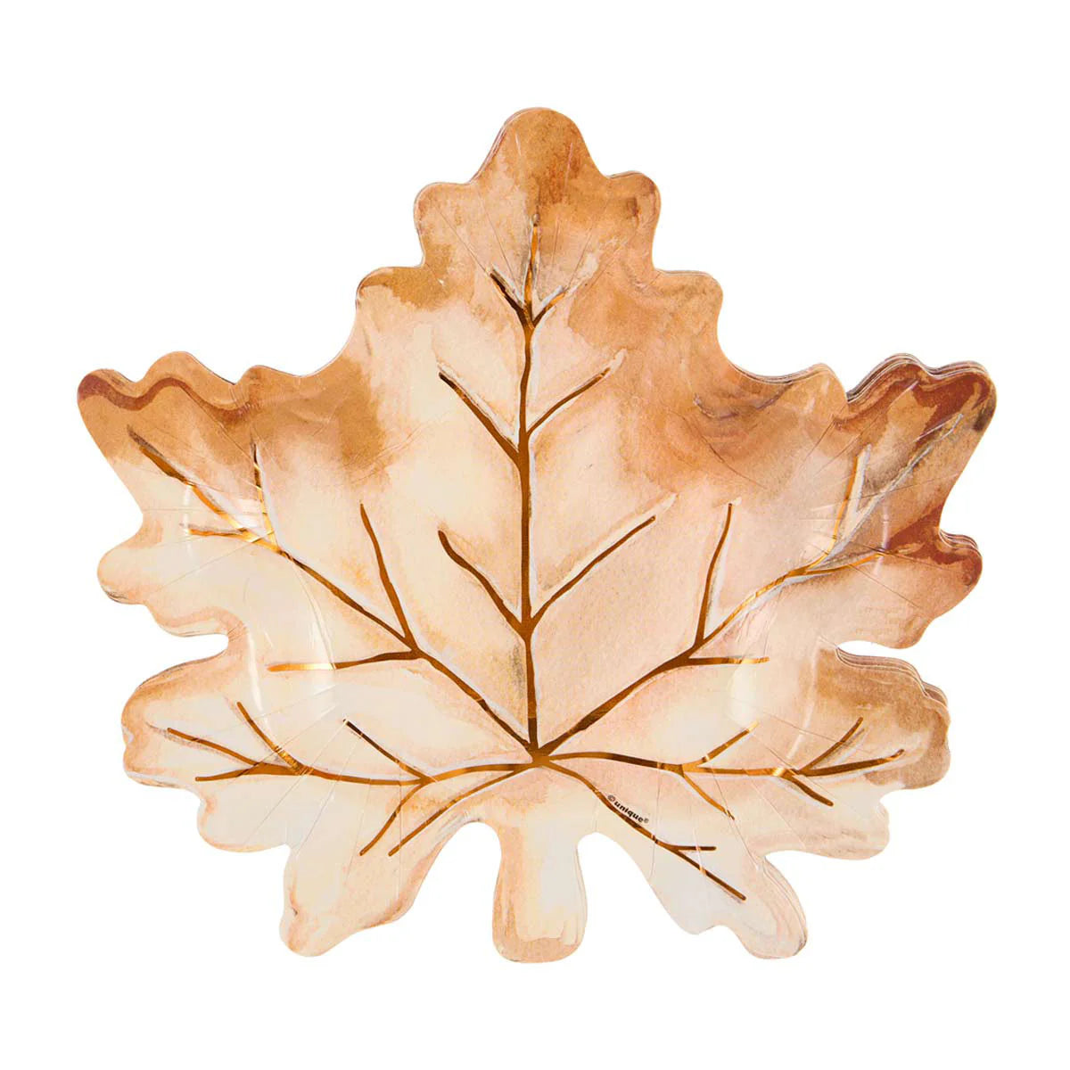 Set of eight leaf-shaped plates in warm autumn tones with detailed vein patterns and scalloped edges.