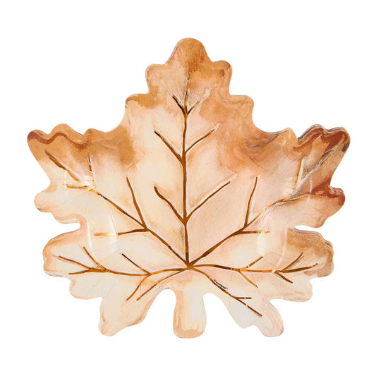 Set of eight leaf-shaped plates in warm autumn tones with detailed vein patterns and scalloped edges.