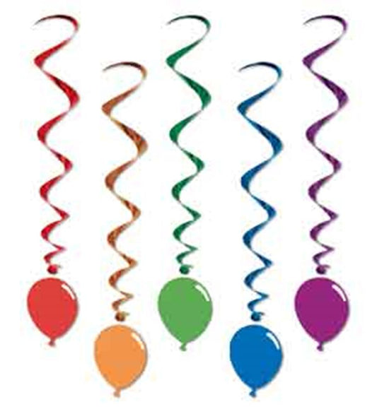 Set of six colorful birthday balloon whirls in red, orange, green, blue, and purple with spiral ribbons and balloon-shaped.