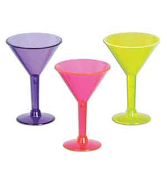 Set of three colorful plastic martini shot glasses in purple, pink, and yellow with classic conical shapes.