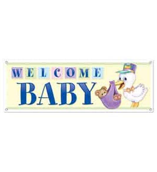 Yellow rectangular banner with "WELCOME BABY" in blue letters and a stork carrying a purple bundle with teddy bears.