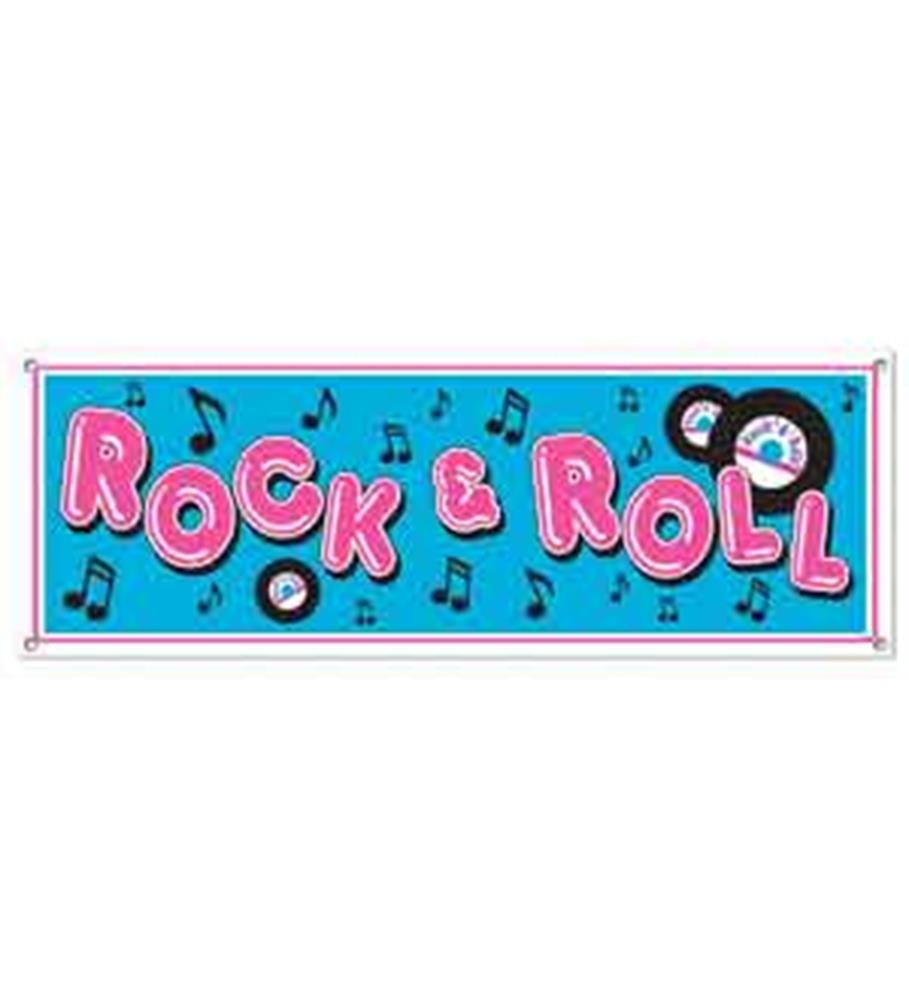 Blue rectangular banner with pink and white "Rock & Roll" text, black vinyl records, and musical notes.