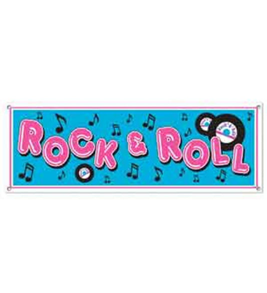Blue rectangular banner with pink and white "Rock & Roll" text, black vinyl records, and musical notes.