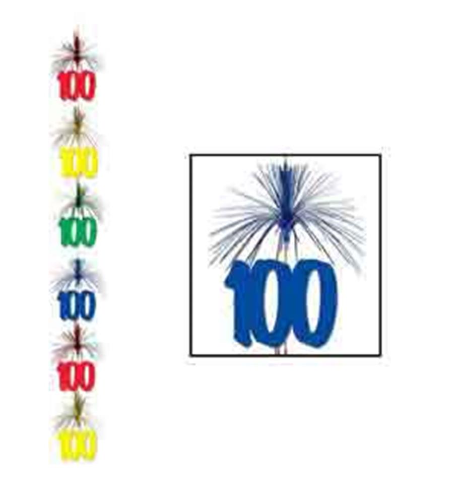 Colorful vertical stringer with glittery "100" numbers in red, yellow, green, blue, and black, topped with burst-like tinsel