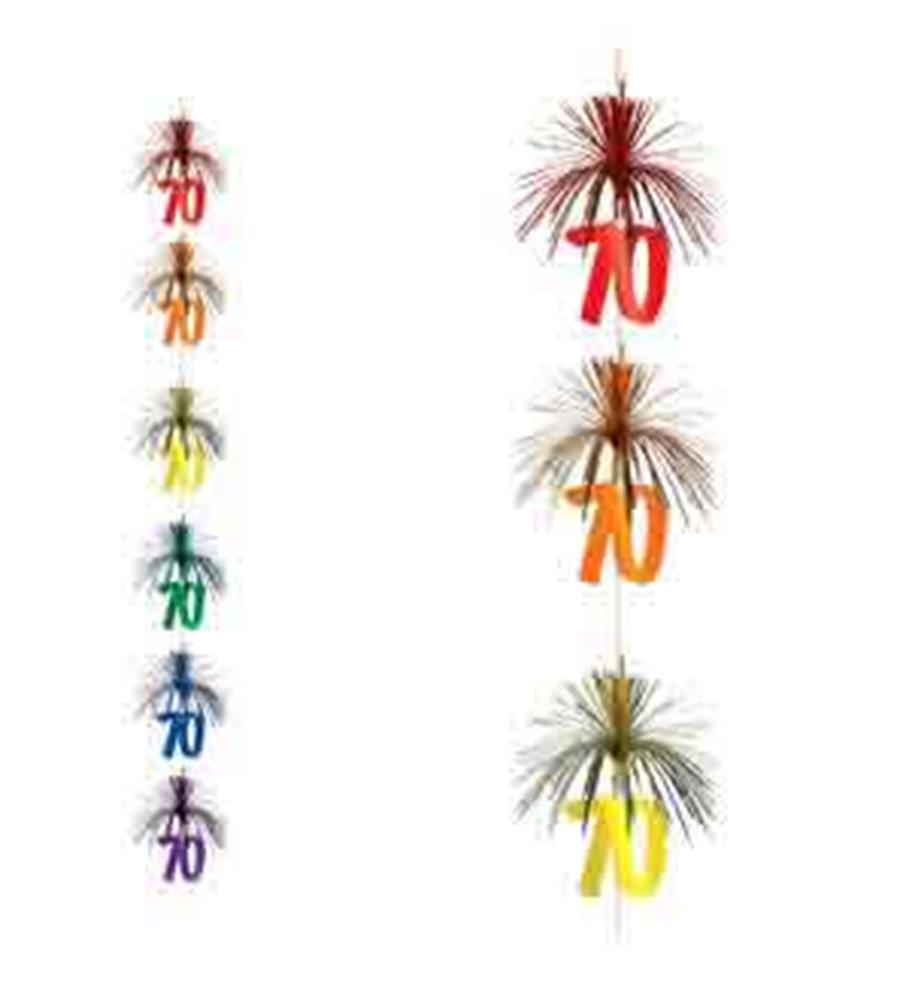 Colorful birthday firework stringers with the number 70 in red, orange, yellow, green, blue, and purple, each topped with.