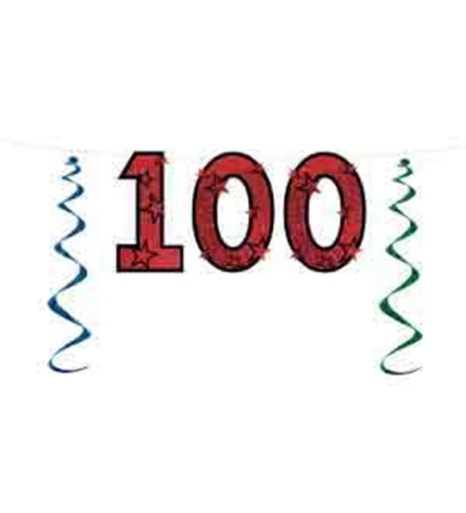Red glittered numbers "100" banner with two spiraled hanging streamers in blue and green on either side.