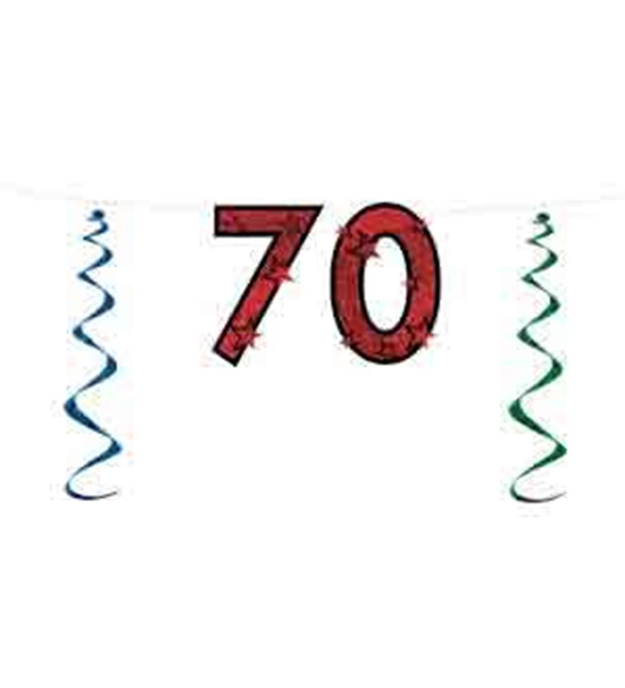 Red glittered number "70" banner with blue and green spiral streamers on white background.