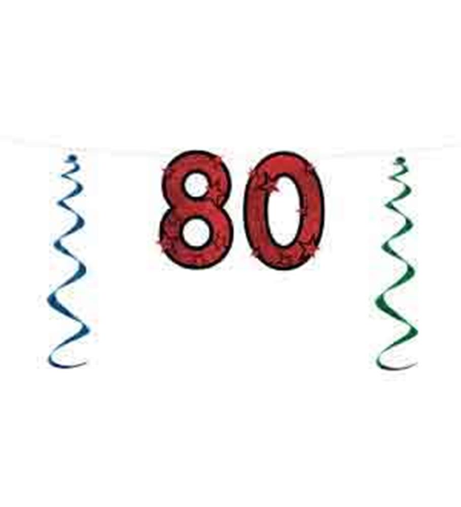 Red glittered number "80" hanging with blue and green spiral streamers on white background.