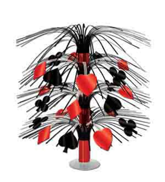 Casino-themed centerpiece with cascading red hearts and diamonds, black clubs and spades on metallic black strands.