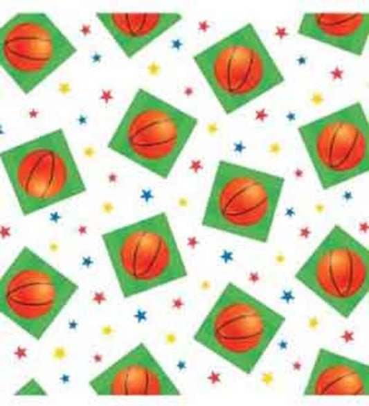 White tablecover with orange basketballs in green squares and colorful red, yellow, and blue stars scattered around.