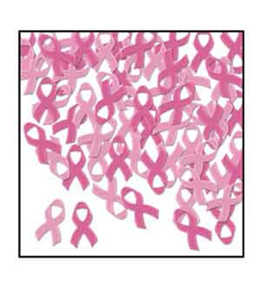 Scattered small pink awareness ribbons made of thin, flat material on a white background.