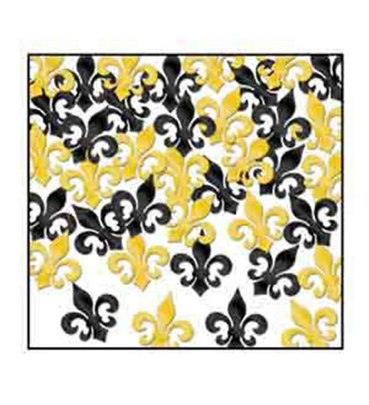 White napkin with black and yellow fleur-de-lis confetti scattered across the surface.