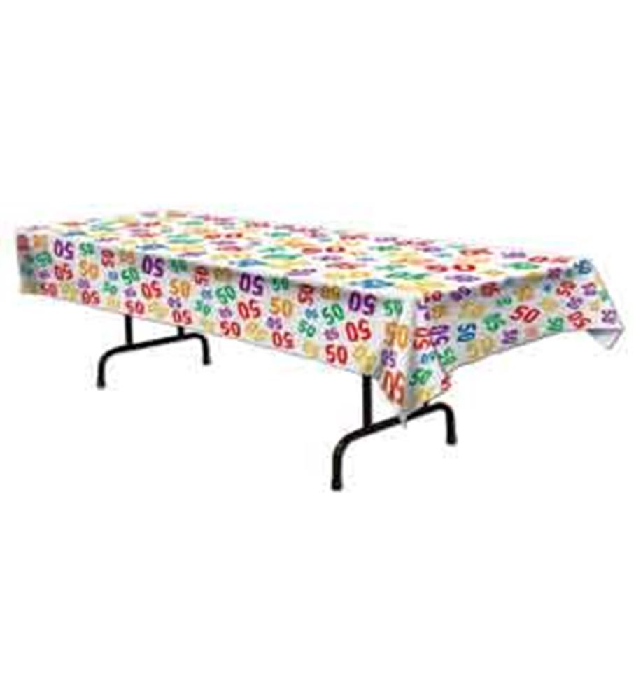 White rectangular tablecover with colorful "50" numbers and confetti dots printed all over.