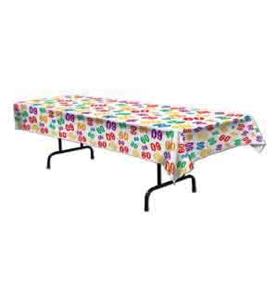 White rectangular plastic tablecover with colorful "60" numerals and confetti patterns for milestone birthday party.