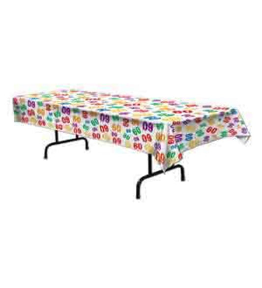 White rectangular plastic tablecover with colorful "60" numerals and confetti patterns for milestone birthday party.