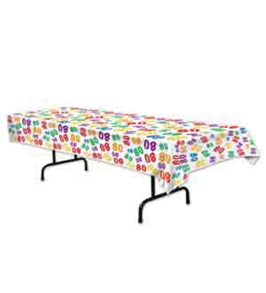 White rectangular tablecover decorated with colorful "80" numbers and confetti patterns.