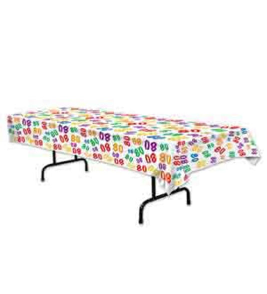 White rectangular tablecover decorated with colorful "80" numbers and confetti patterns.