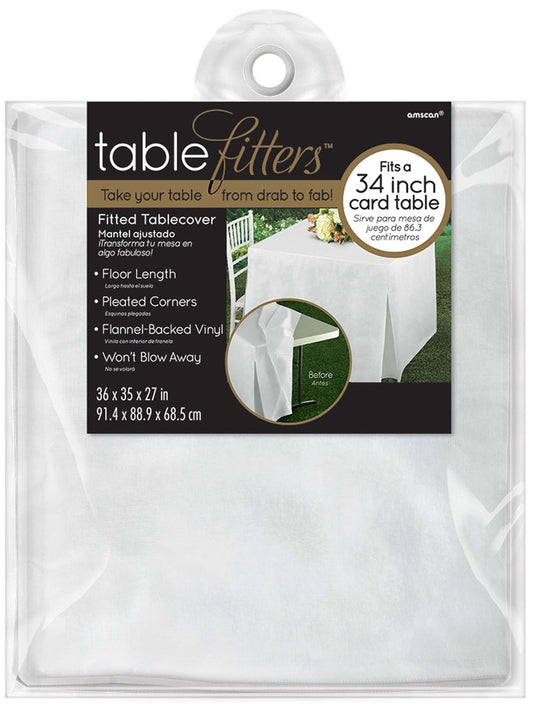White fitted rectangular tablecloth for 34-inch card table with tailored corners.