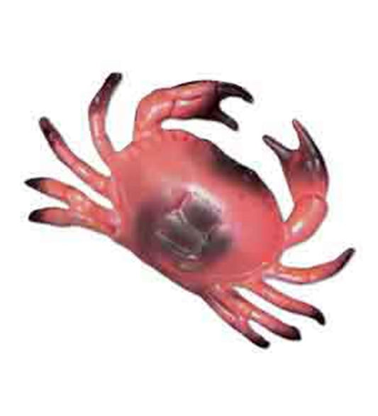 Bright red plastic crab with detailed claws and legs, designed for festive summer decor.