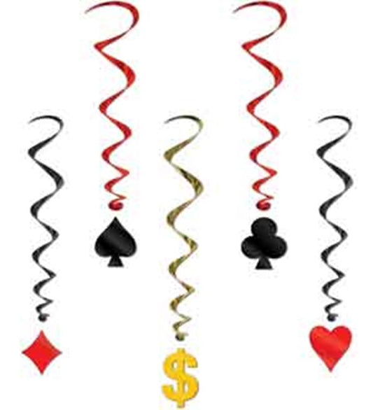 Hanging casino-themed spiral decorations in red, black, and gold with card suits and dollar sign charms.