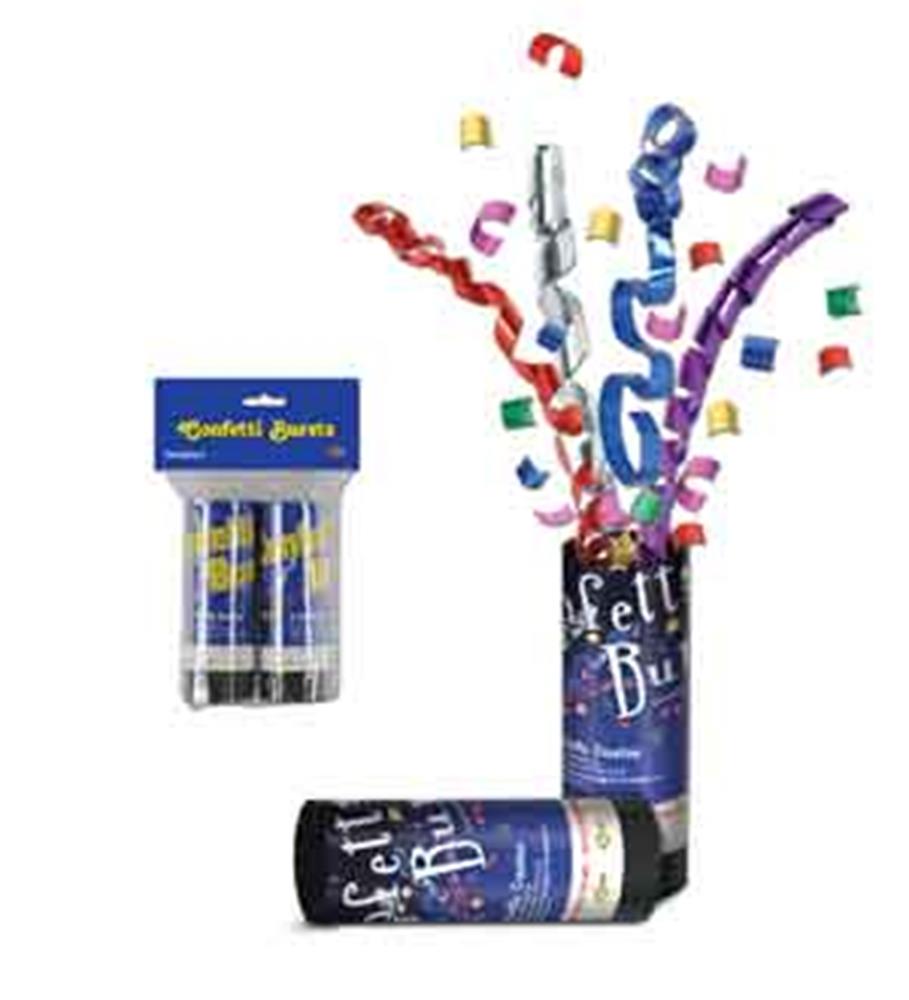 Three metallic confetti burst tubes with colorful curly ribbons and confetti popping out in red, gold, blue, silver, purple,
