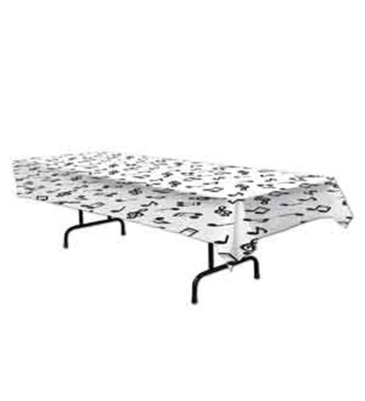 White rectangular tablecover with black musical notes and symbols scattered across the surface.