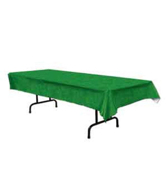 Green rectangular tablecover with a football field texture, draped over a folding table.