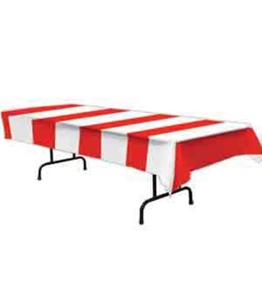 Red and white striped rectangular tablecover with a smooth finish, designed for kids' parties.