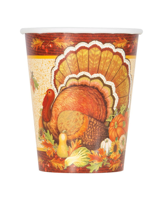 9oz paper cup with colorful Thanksgiving turkey and autumn harvest design.