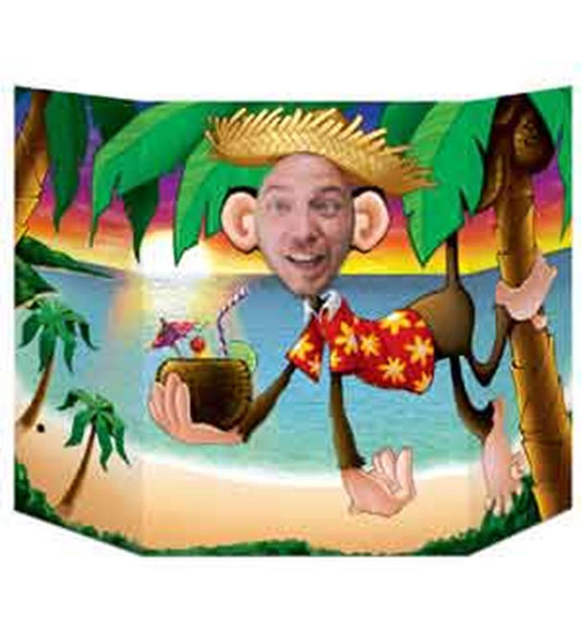Luau monkey photo prop with a tropical hat, red floral shirt, and a coconut drink against a beach background.
