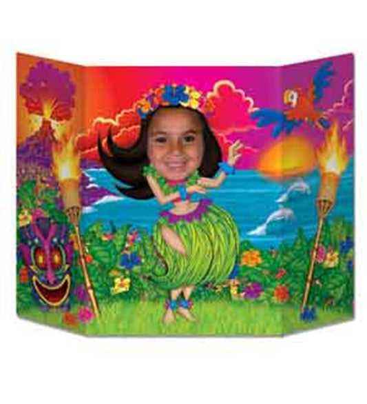Colorful cardboard photo prop with a smiling hula girl wearing a green grass skirt and flower lei, set against a tropical.