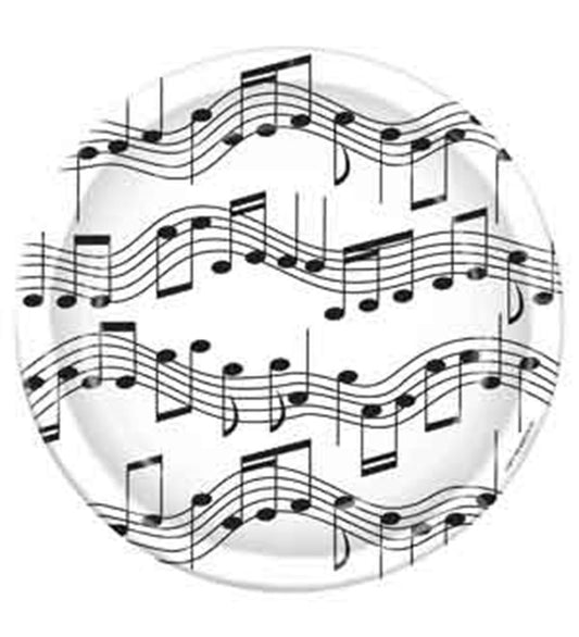 Round white ceramic plate with black musical notes and staff lines design.