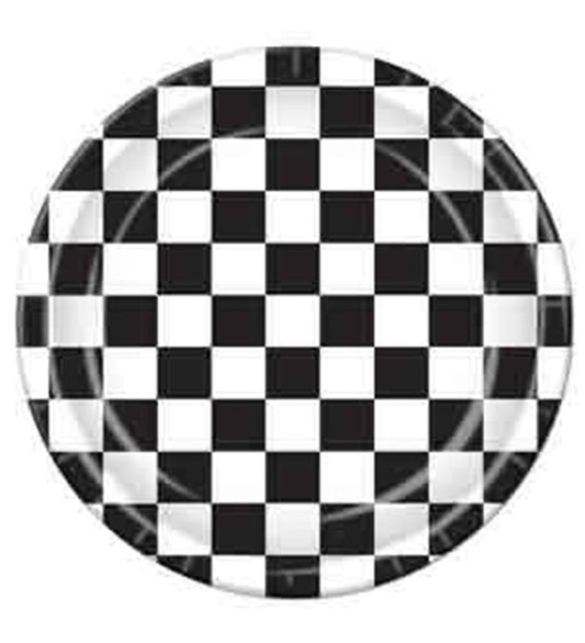 Round paper plate with black and white checkered pattern resembling a racing flag.